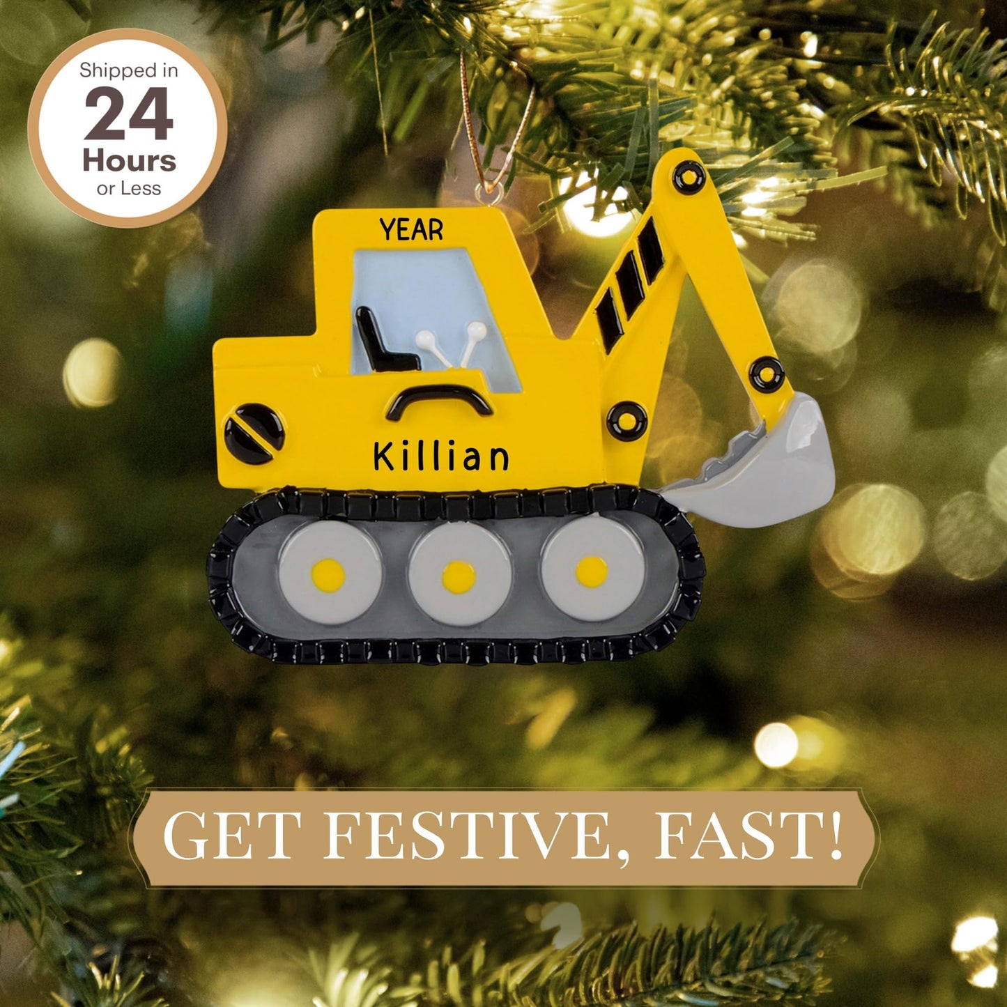 Personalized Excavator Ornament 2025 | Free 24h Customization | Laser Engraved Kids Christmas Ornaments for Tree | Custom Gift Wrapped Yellow Backhoe Digger Construction Keepsake for Girls, Boys 2-10