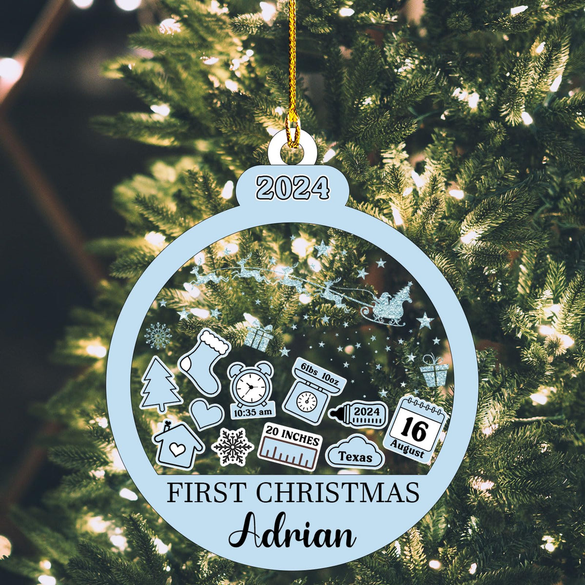Baby‘s First Christmas Ornament 2024 Custom New Baby Gifts Personalized Funny Round Shape Baby Name, Birthdate, Weight, Height for Newborn Girl Boy Keepsake Ornament