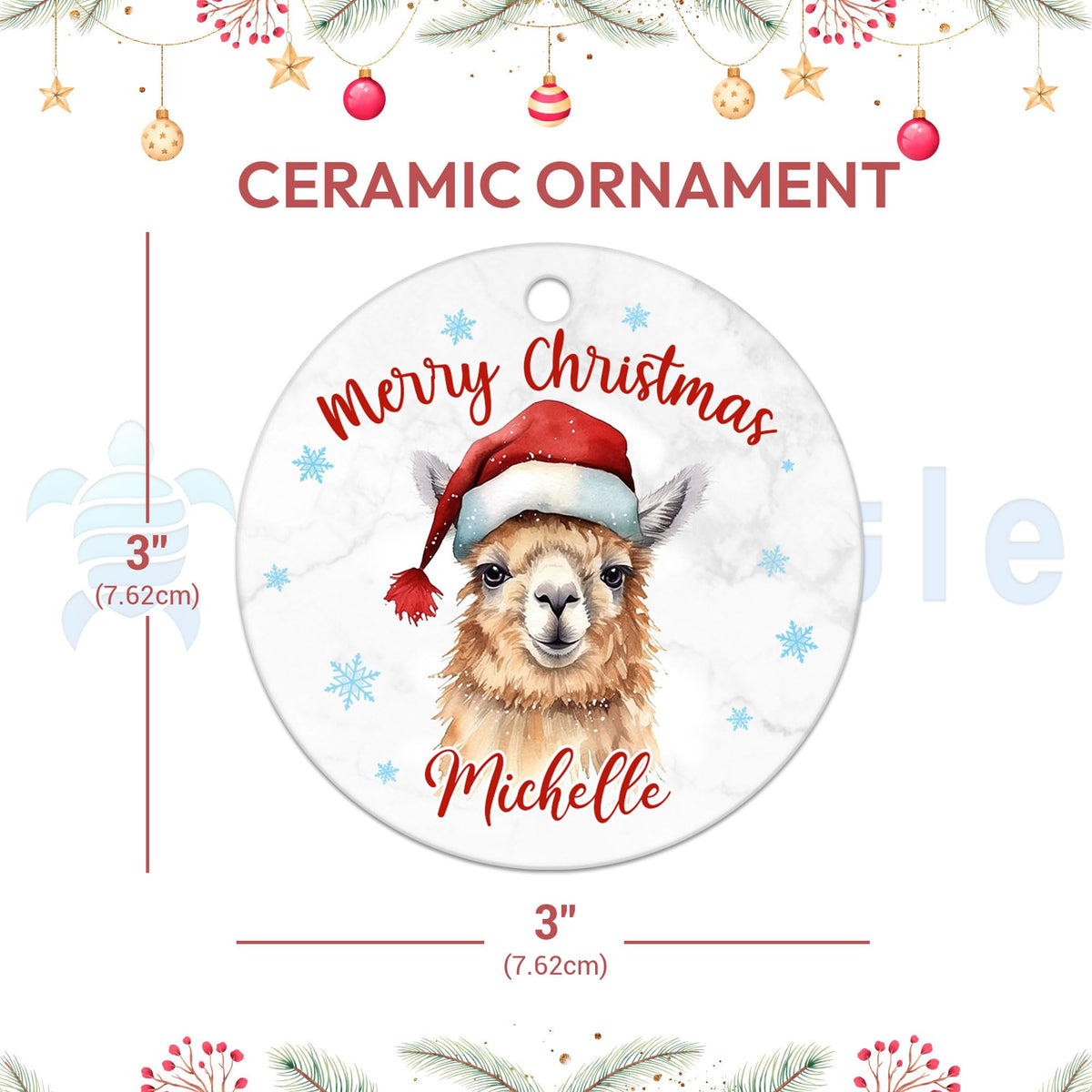 Hyturtle Personalized Christmas Ornament Gifts for Llama Lover - Llama Xmas Custom Name Ceramic Ornament - Cute Animal Lover Gifts for Women Kids Family - Xmas Tree Hanging Decoration
