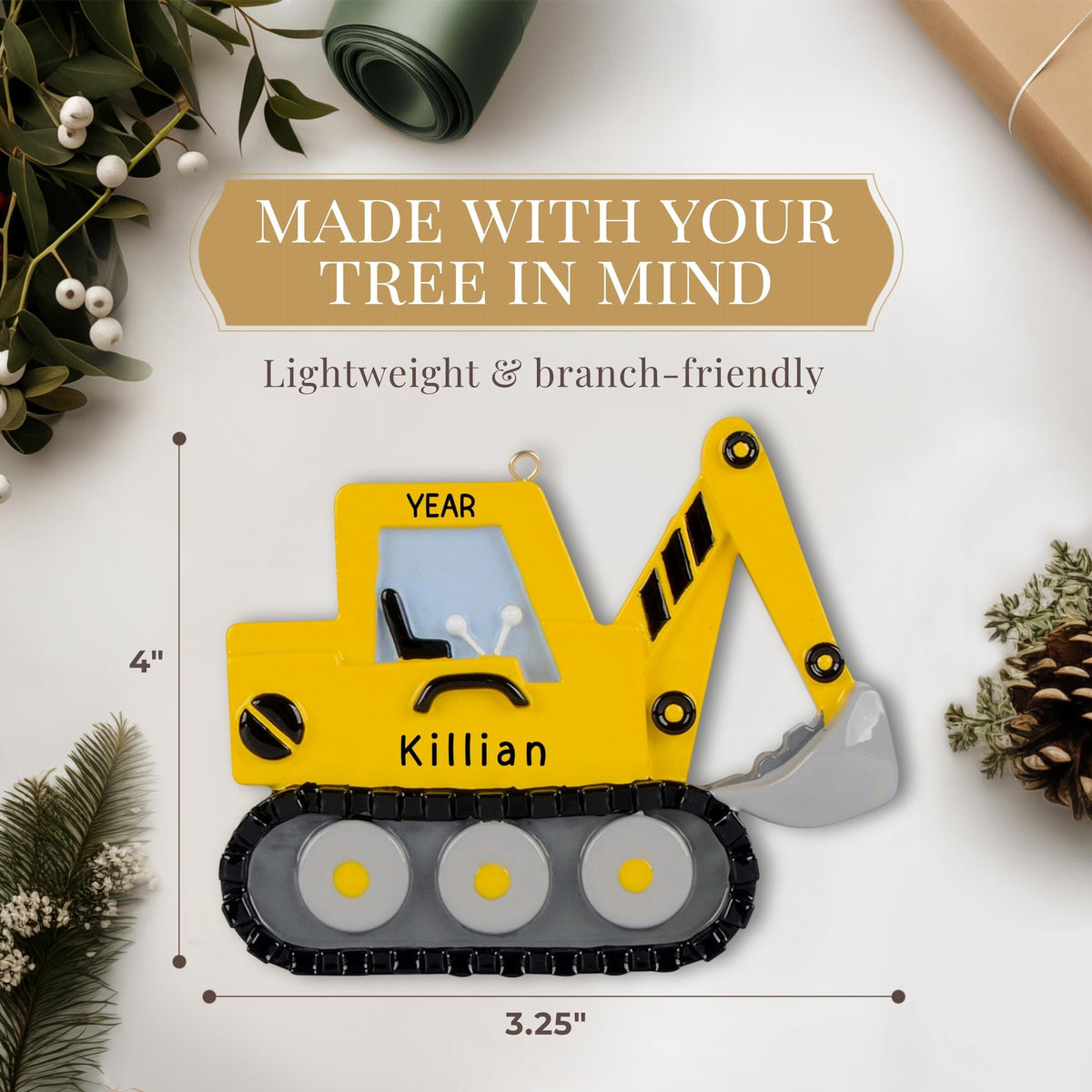 Personalized Excavator Ornament 2025 | Free 24h Customization | Laser Engraved Kids Christmas Ornaments for Tree | Custom Gift Wrapped Yellow Backhoe Digger Construction Keepsake for Girls, Boys 2-10