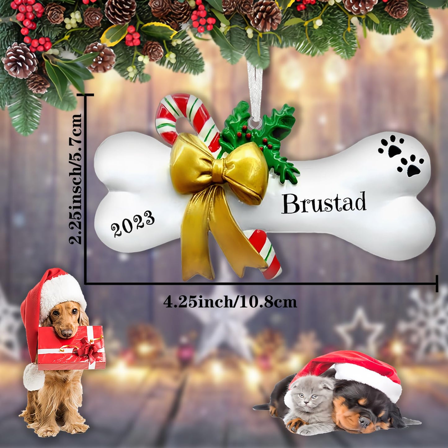 Personalized Dog Bone Christmas Ornament 2025, Custom Polyresin Hanging Dog Bone Ornament for Xmas Tree Decoration Holiday Family Decor Gifts