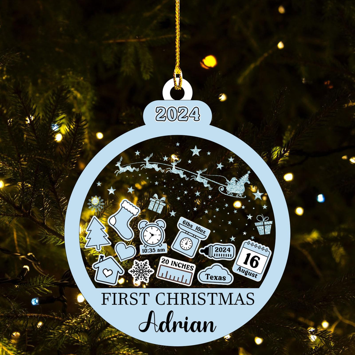 Baby‘s First Christmas Ornament 2024 Custom New Baby Gifts Personalized Funny Round Shape Baby Name, Birthdate, Weight, Height for Newborn Girl Boy Keepsake Ornament