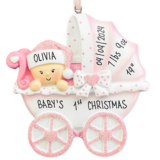 UniqXmas Personalized Baby's First Christmas Ornament 2025 | Baby Girl Carriage Xmas Tree Decoration Pink Stroller | My 1st Xmas Keepsake for New Baby Newborn Grandbaby - Custom Name & Year