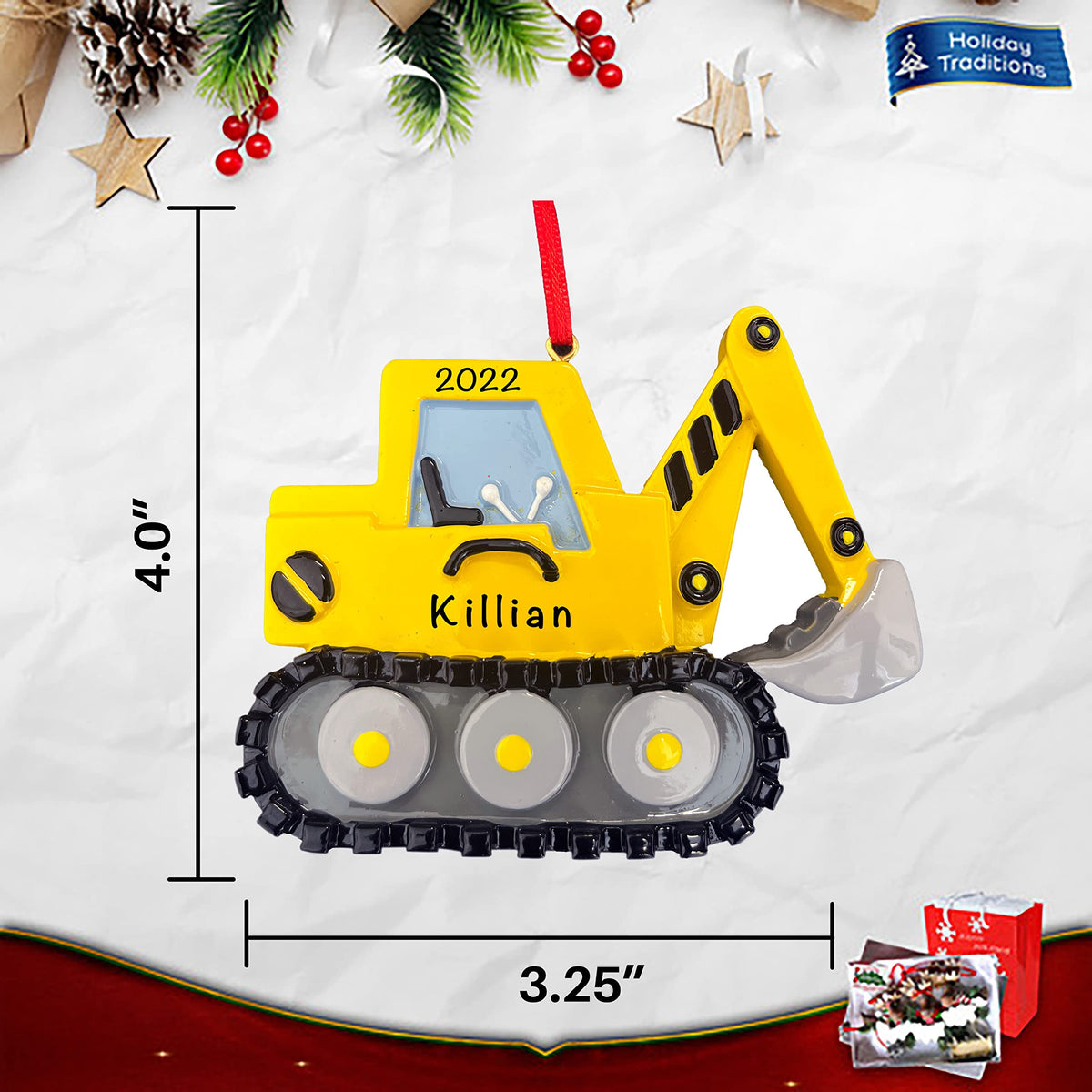 Personalized Excavator Ornament 2025 | Free 24h Customization | Laser Engraved Kids Christmas Ornaments for Tree | Custom Gift Wrapped Yellow Backhoe Digger Construction Keepsake for Girls, Boys 2-10