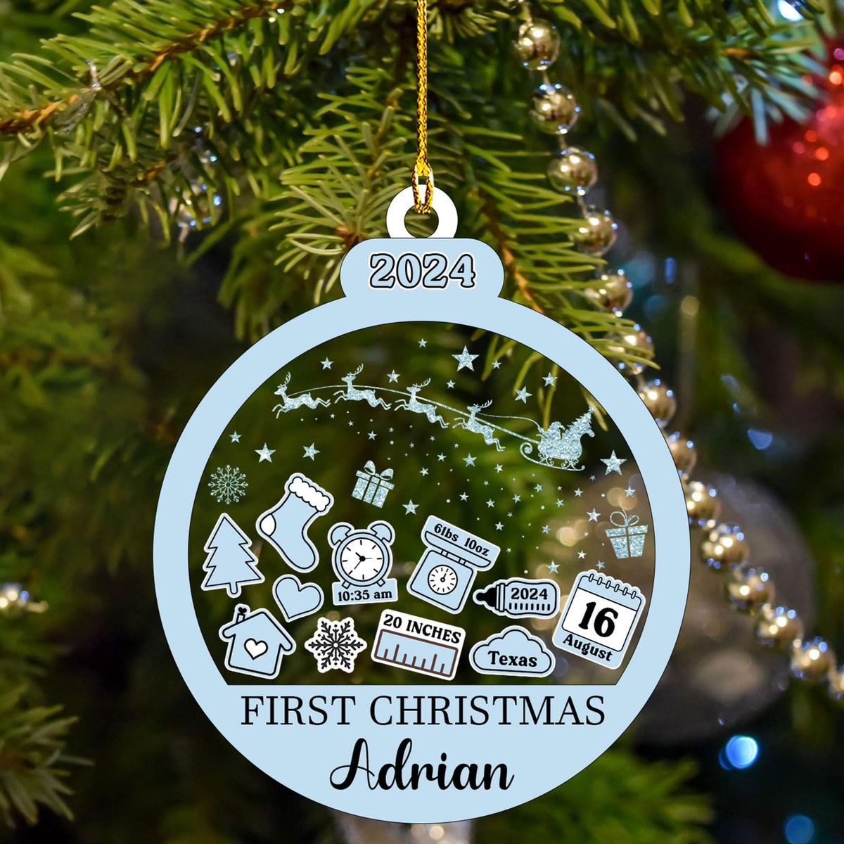 Baby‘s First Christmas Ornament 2024 Custom New Baby Gifts Personalized Funny Round Shape Baby Name, Birthdate, Weight, Height for Newborn Girl Boy Keepsake Ornament